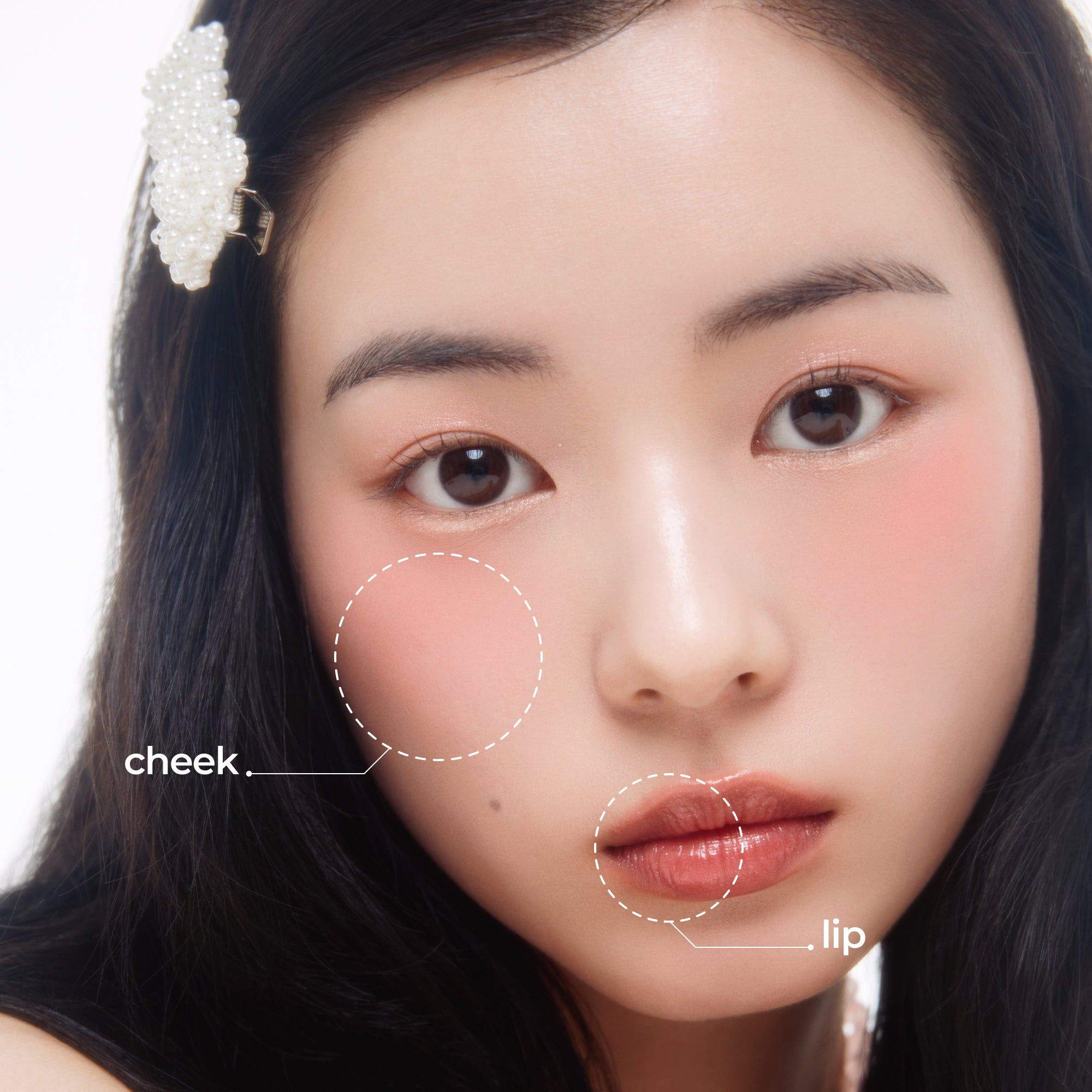 Gesicht einer Frau mit hervorgehobenen Wangen und Lippen. Beschriftung: „cheek“ und „lip“.