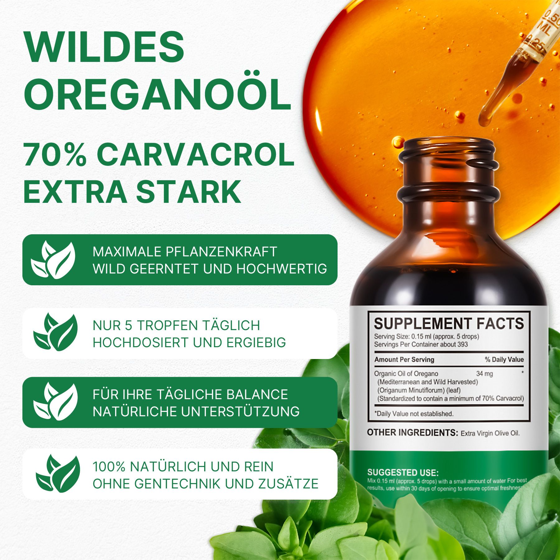 ALIVER Wildes Oregano Öl Liquid Tropfen mit Carvacrol Vegan Natur