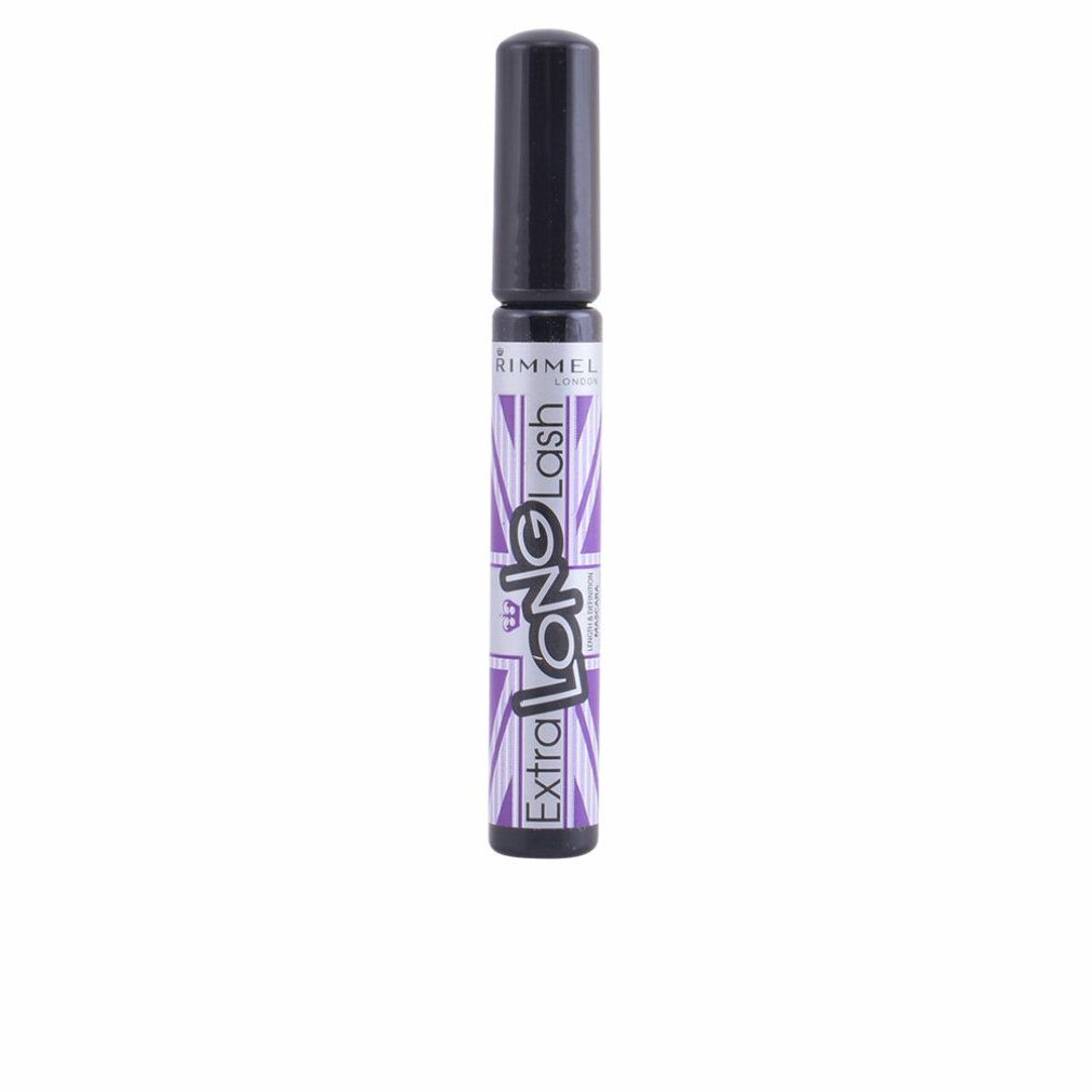 Mascara-Tube mit schwarzem Deckel. Lila-weißes Etikett mit Schriftzug 'Extra Long Lash' und 'Rimmel'.