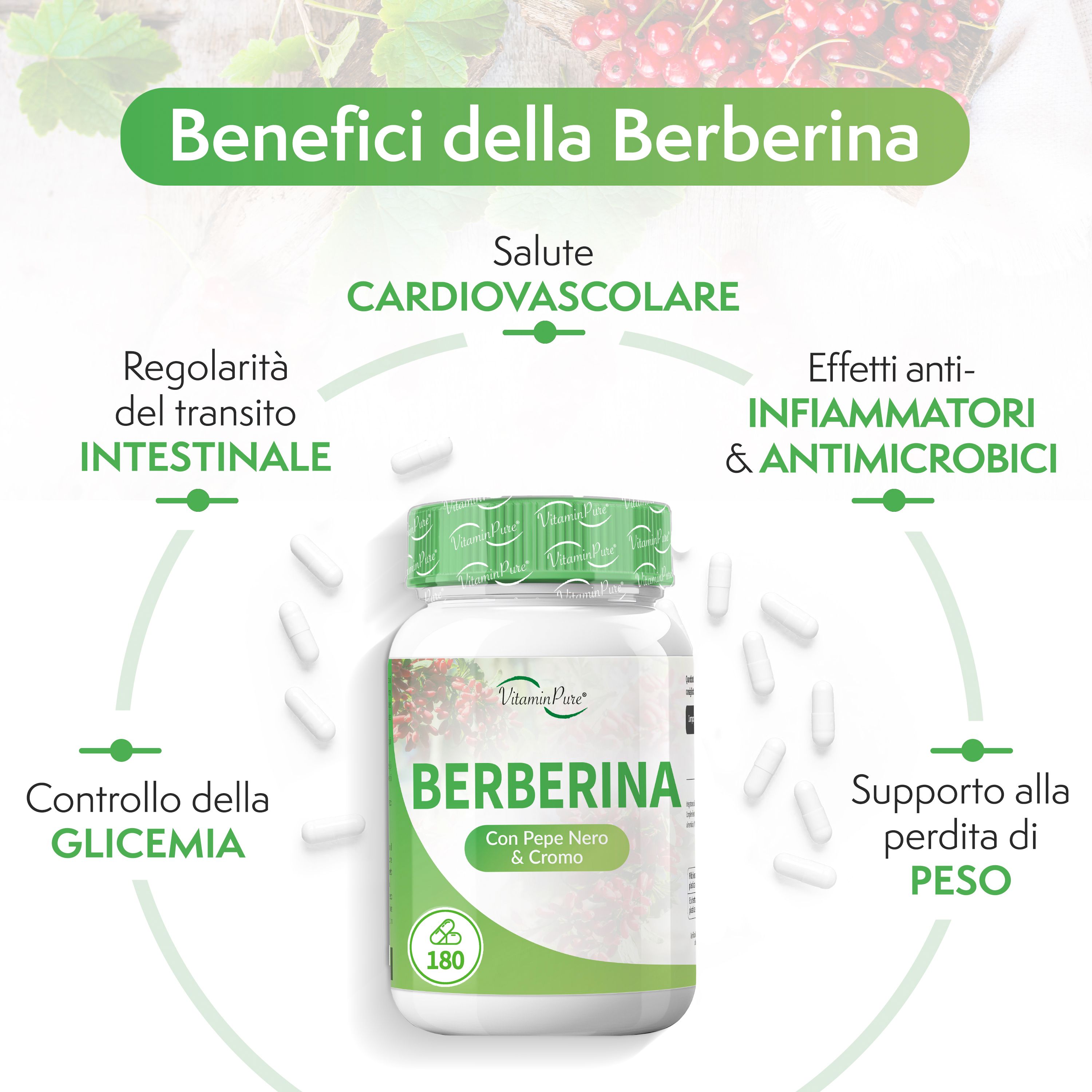 Flacone VitaminPure Berberina, 180 capsule, circondato da capsule. Testo: Benefici della Berberina, salute, digestione, antinfiammatorio, perdita di peso.