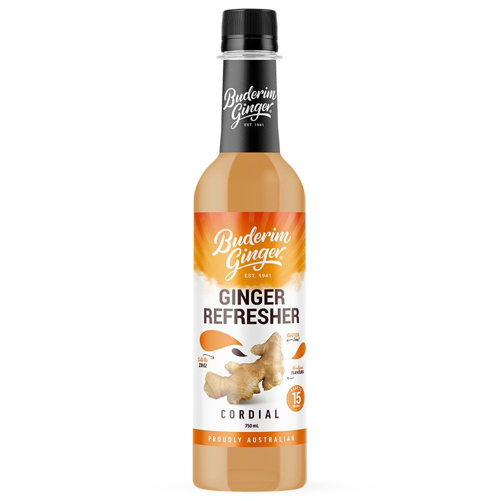 Braune Flasche mit schwarzem Deckel. Etikett mit Produktname und Ingwer-Illustration. "Ginger Refresher" und "Cordial" Text.