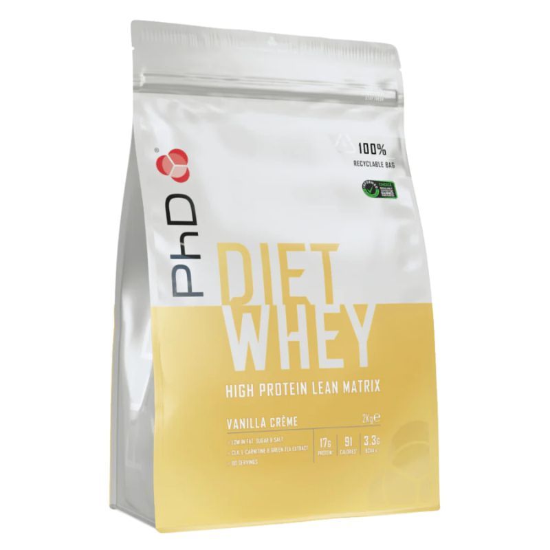 Beutel mit PHD Diet Whey. Aufschrift: Diet Whey, High Protein Lean Matrix, Vanilla Crème. 100% recycelbare Verpackung.
