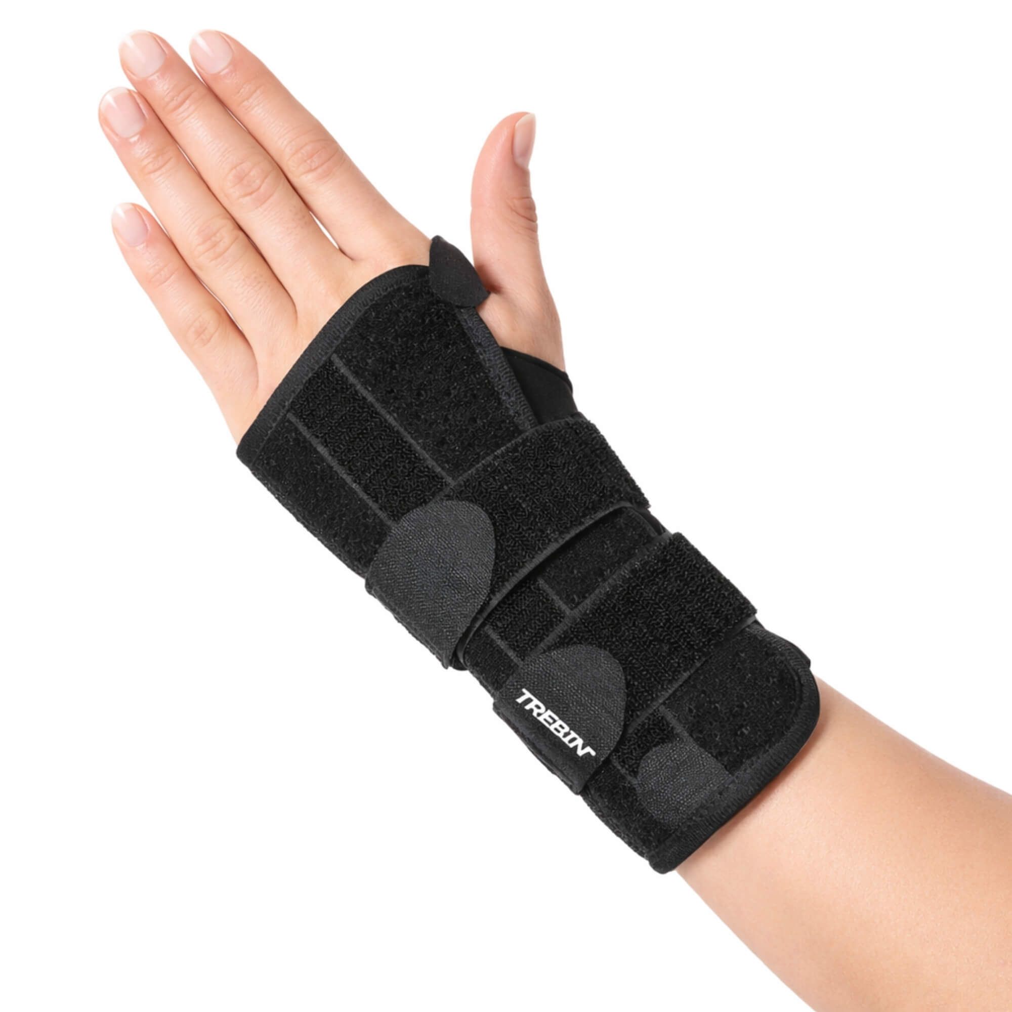 Schwarze Handgelenkbandage mit Klettverschluss und Logo.