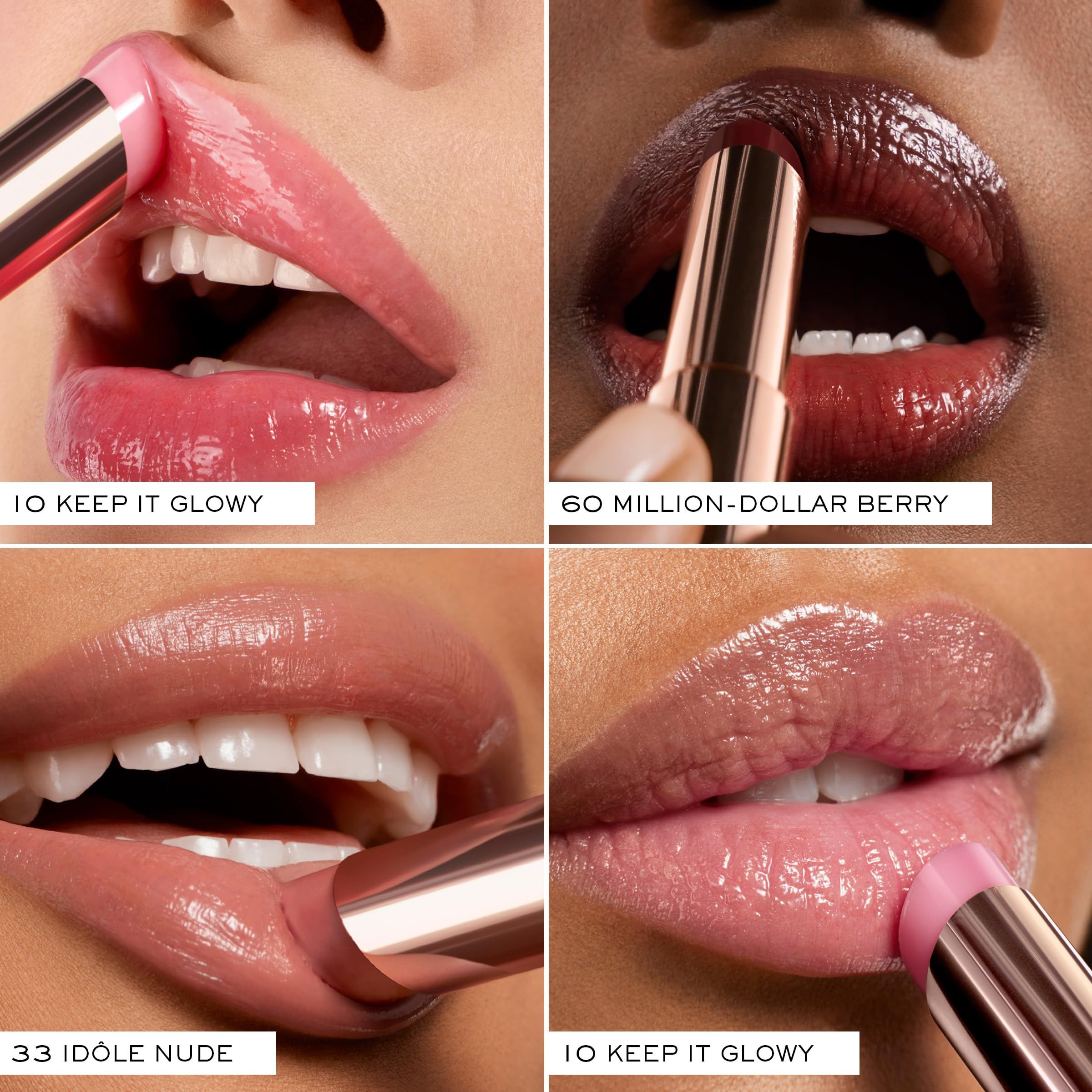 Vier Lippen mit Lippenbalsam. Verschiedene Farbtöne werden gezeigt. Glänzendes Finish. Farbnamen: Keep It Glowy, Million-Dollar Berry, usw.