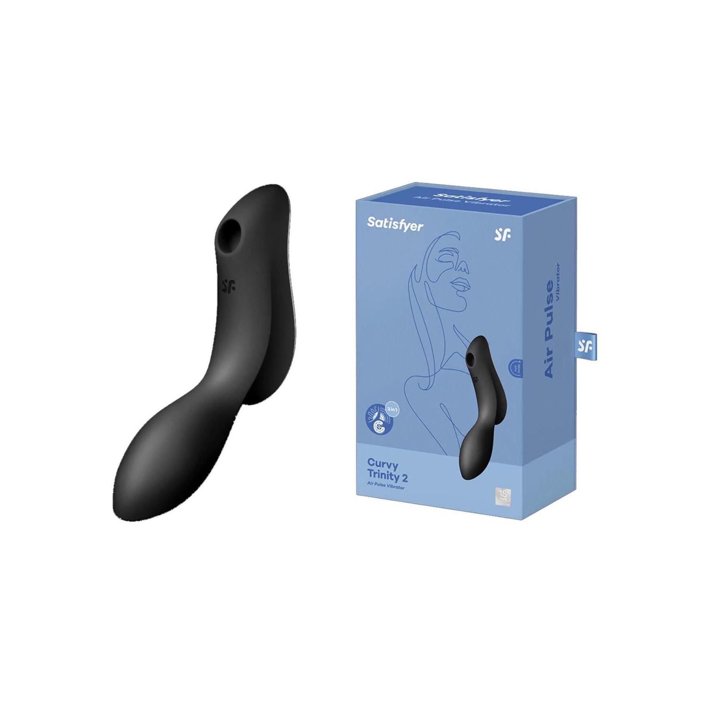 Schwarzes Satisfyer Curvy Trinity 2 mit Verpackung. Die Verpackung zeigt das Produkt und den Schriftzug 'Curvy Trinity 2'.