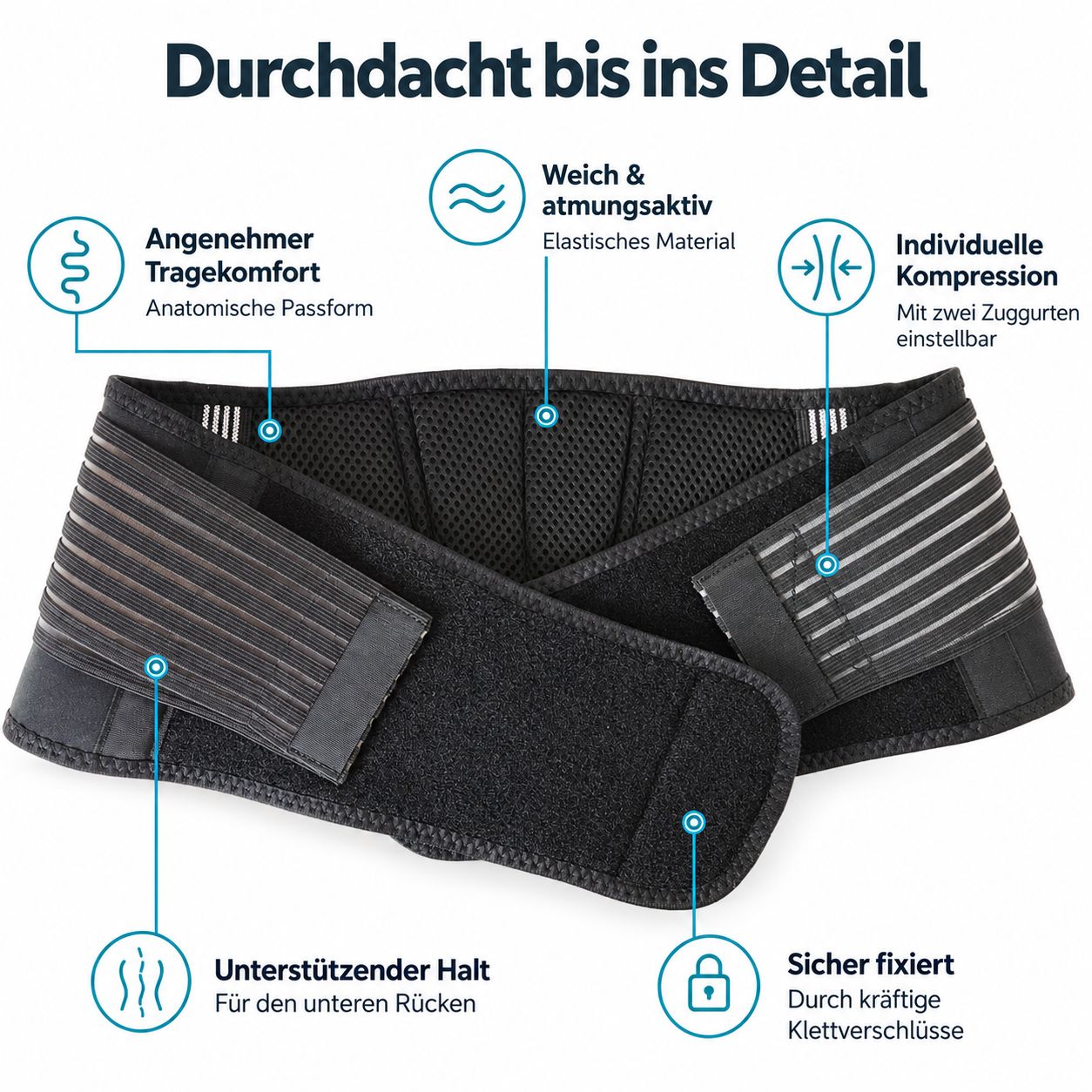 Schwarzer Rückenstützgürtel mit anatomischer Passform, elastischem Material und individuell einstellbaren Zuggurten.