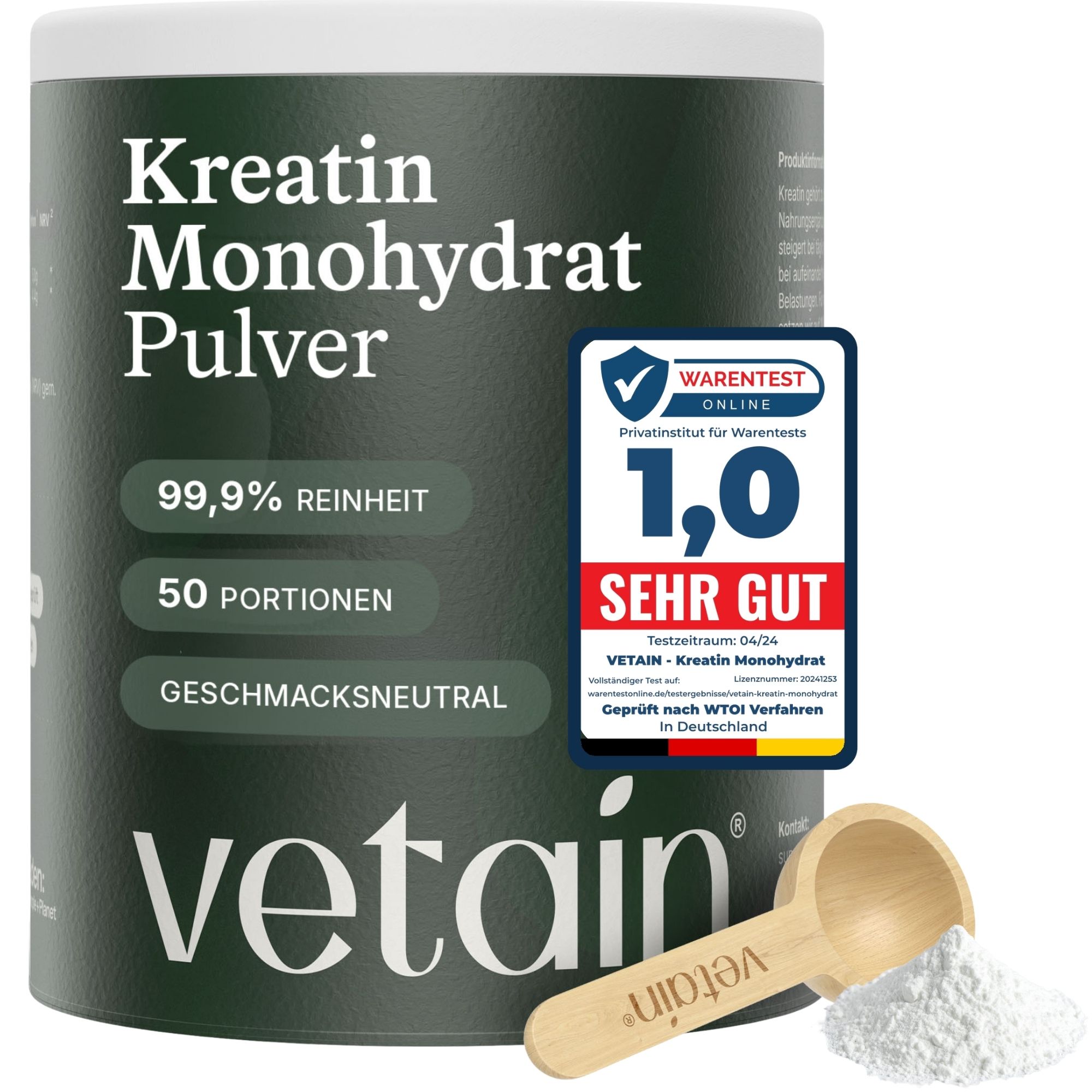 VETAIN Kreatin Monohydrat Pulver Dose mit Messlöffel und Siegel 'Sehr Gut'.