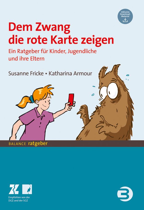 Buchcover: "Dem Zwang die rote Karte zeigen". Illustration: Kind zeigt rotes Karte einem Monster. Autoren: Fricke, Armour. Verlag: Balance.