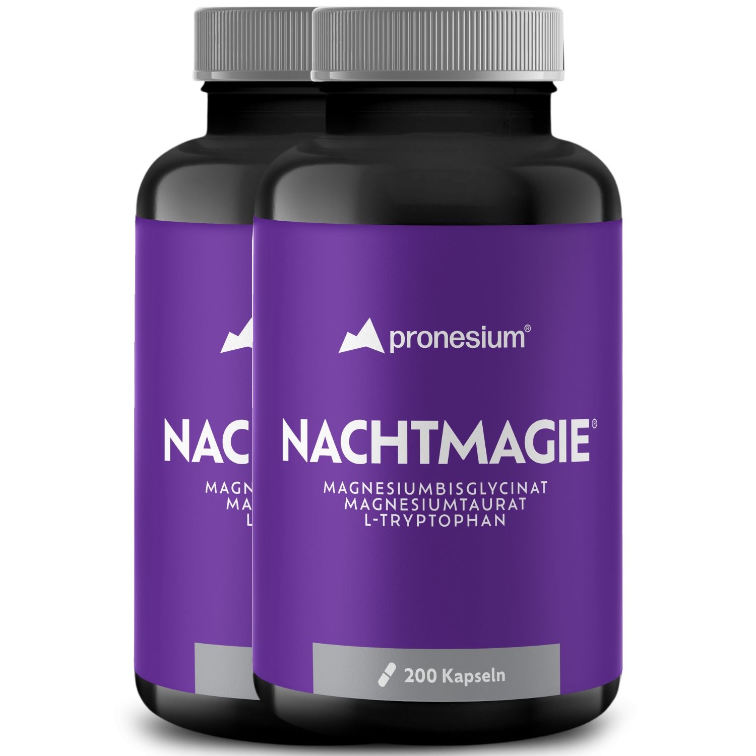 Zwei Flaschen NACHTMAGIE® mit lila Etikett. Aufschrift: Magnesiumbisglycinat, Magnesiumtaurat, L-Tryptophan. 200 Kapseln.