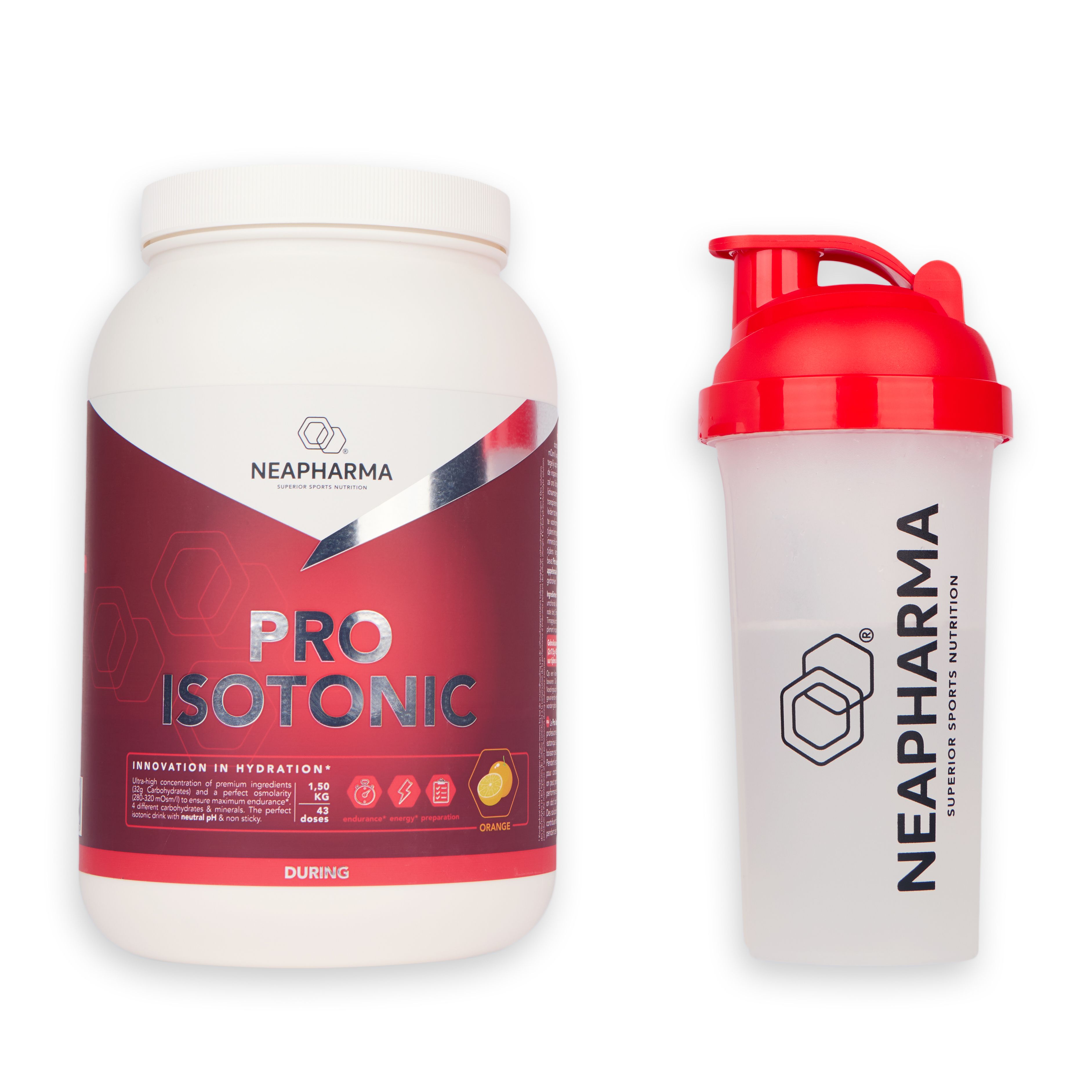 Weiße Dose mit rotem Etikett und Shaker. Aufschrift: Pro Isotonic. Marke: Neapharma. Orange Boissons Sportives.