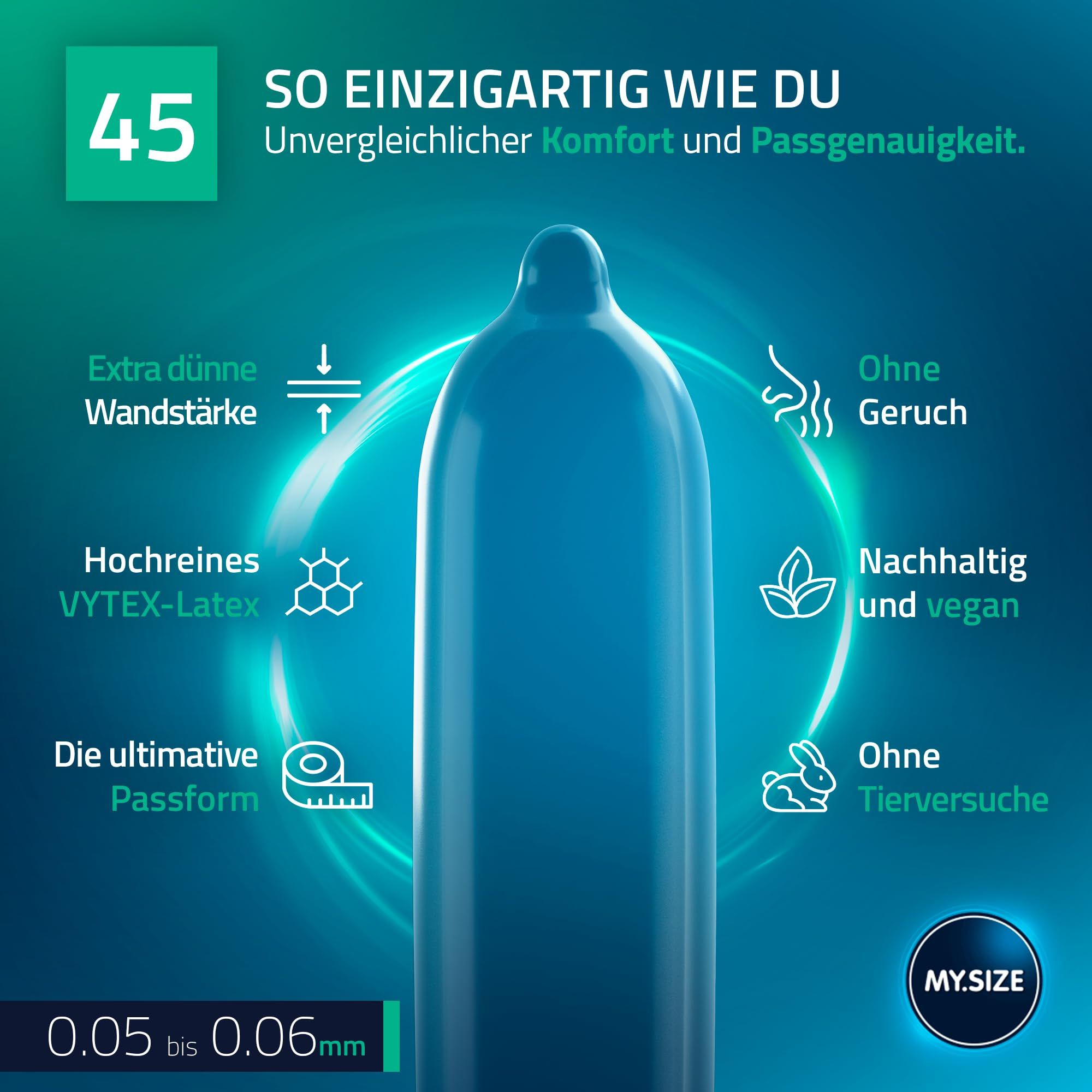 MY.SIZE Kondome in Größen 47, 49, 53 mm. Zeigt eine Packung mit 3 Kondomen.