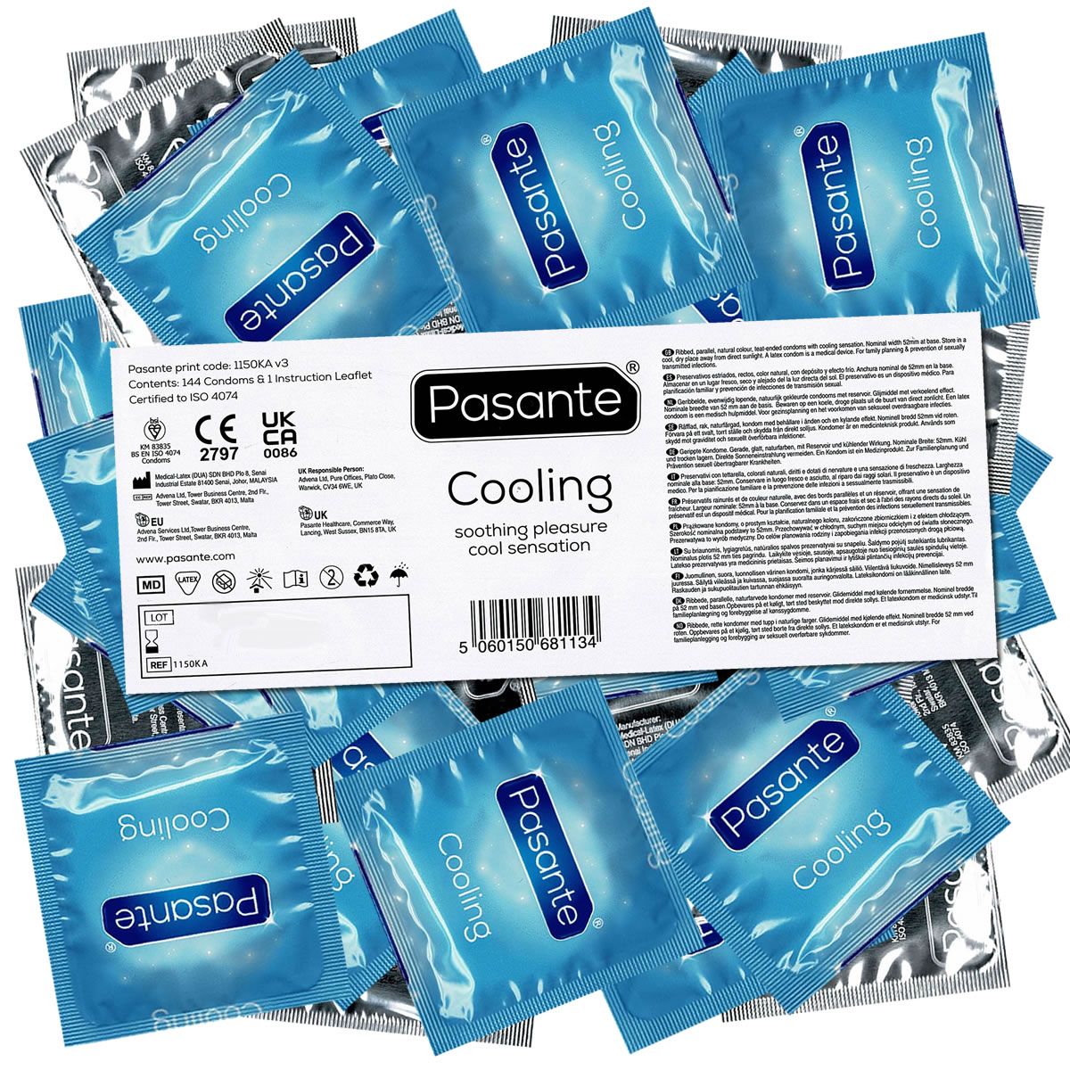 Kondome Pasante Cooling. Einzelverpackungen in blau. Text und Logos auf den Verpackungen. Aufschrift Cooling.