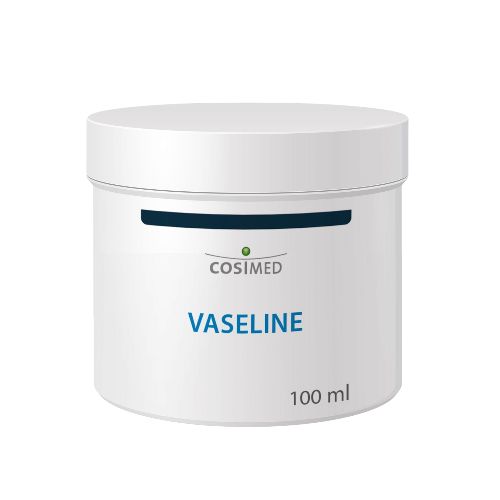 Weißer Tiegel mit Deckel. Aufschrift: cosiMed, Vaseline, 100 ml.