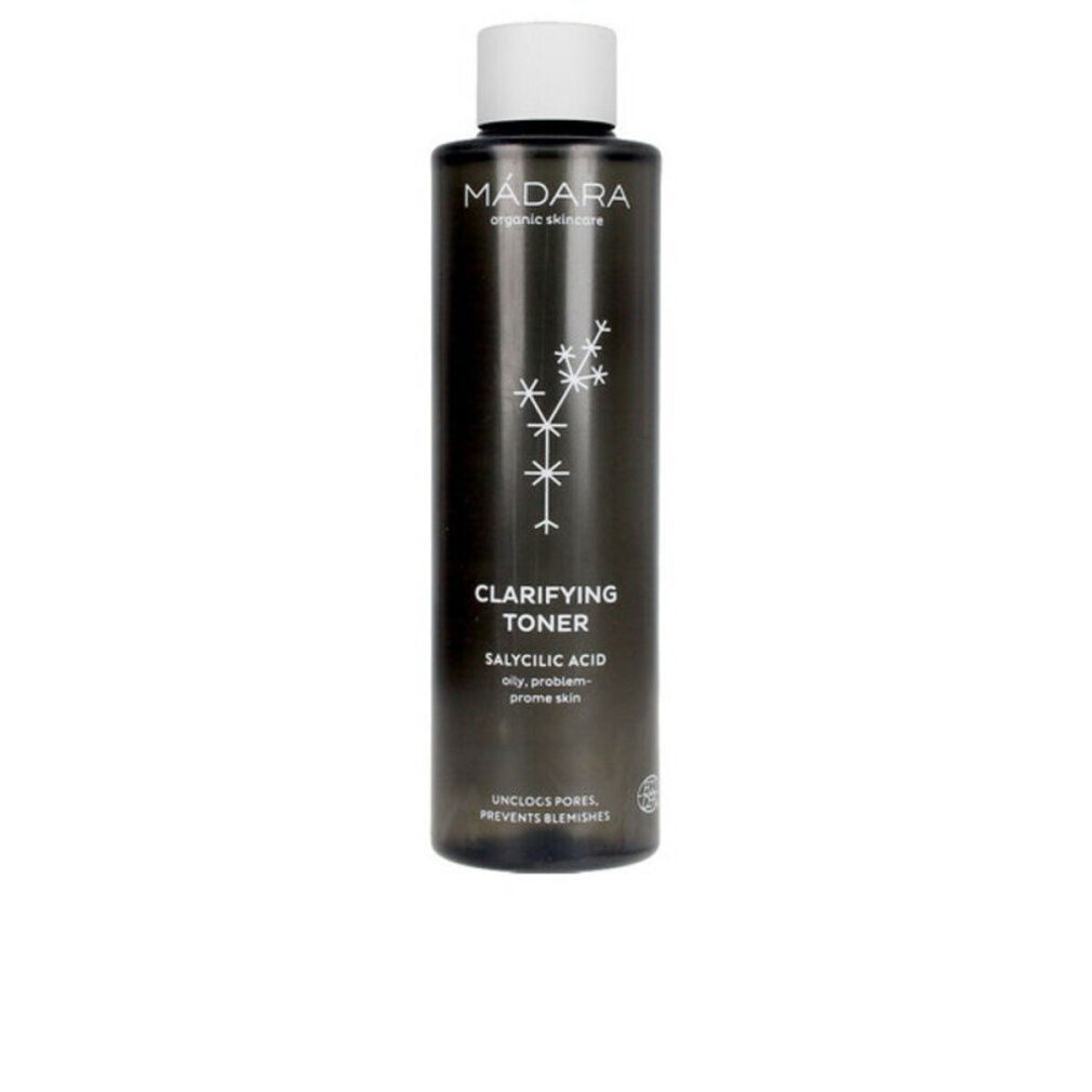 Dunkle Flasche mit weißem Deckel. Aufschrift: MÁDARA, Clarifying Toner, Salicylsäure. Für ölige, problematischer Haut.