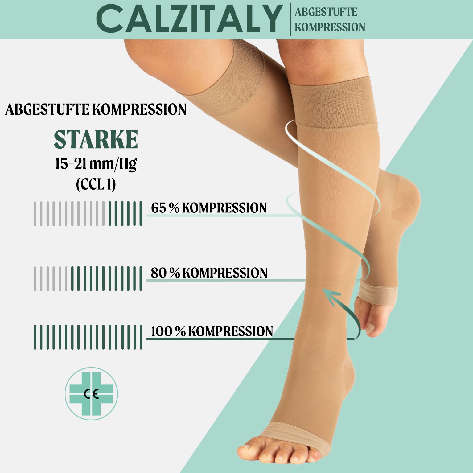 Hautfarbene Kompressionsstrümpfe mit Kompressionsgraden. Marke CALZITALY.