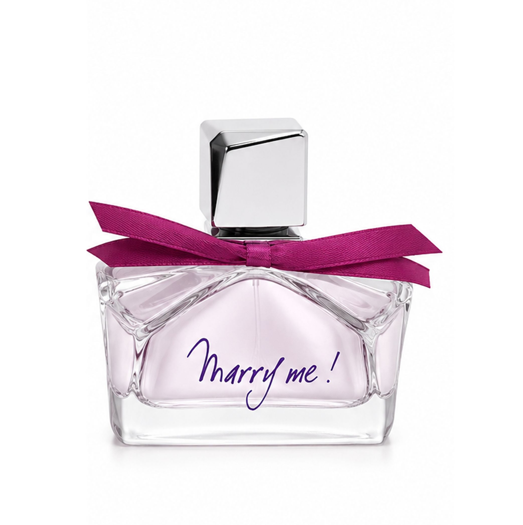 Lanvin Marry Me! Eau de Parfum Flakon mit silbernem Verschluss und pinkem Band.