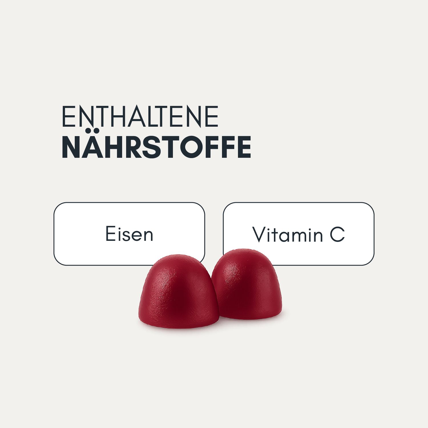 Zwei rote, tropfenförmige Gummibärchen. Text: Eisen, Vitamin C.