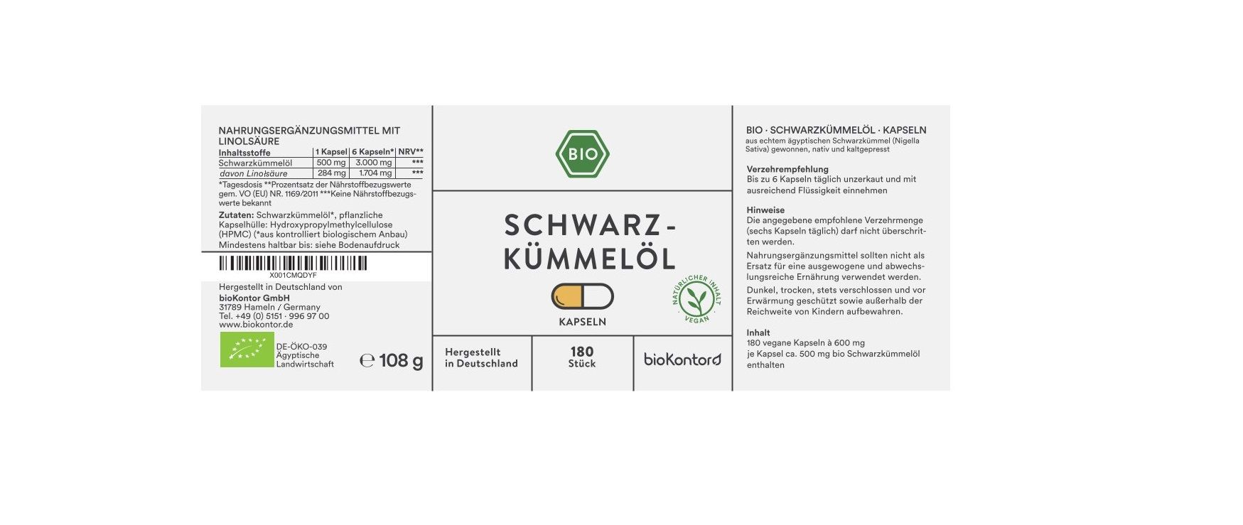 Etikett mit Informationen zu Schwarzkümmelöl Kapseln. Enthält Angaben zu Inhaltsstoffen, Nährwerten, Hersteller und Bio-Siegel.