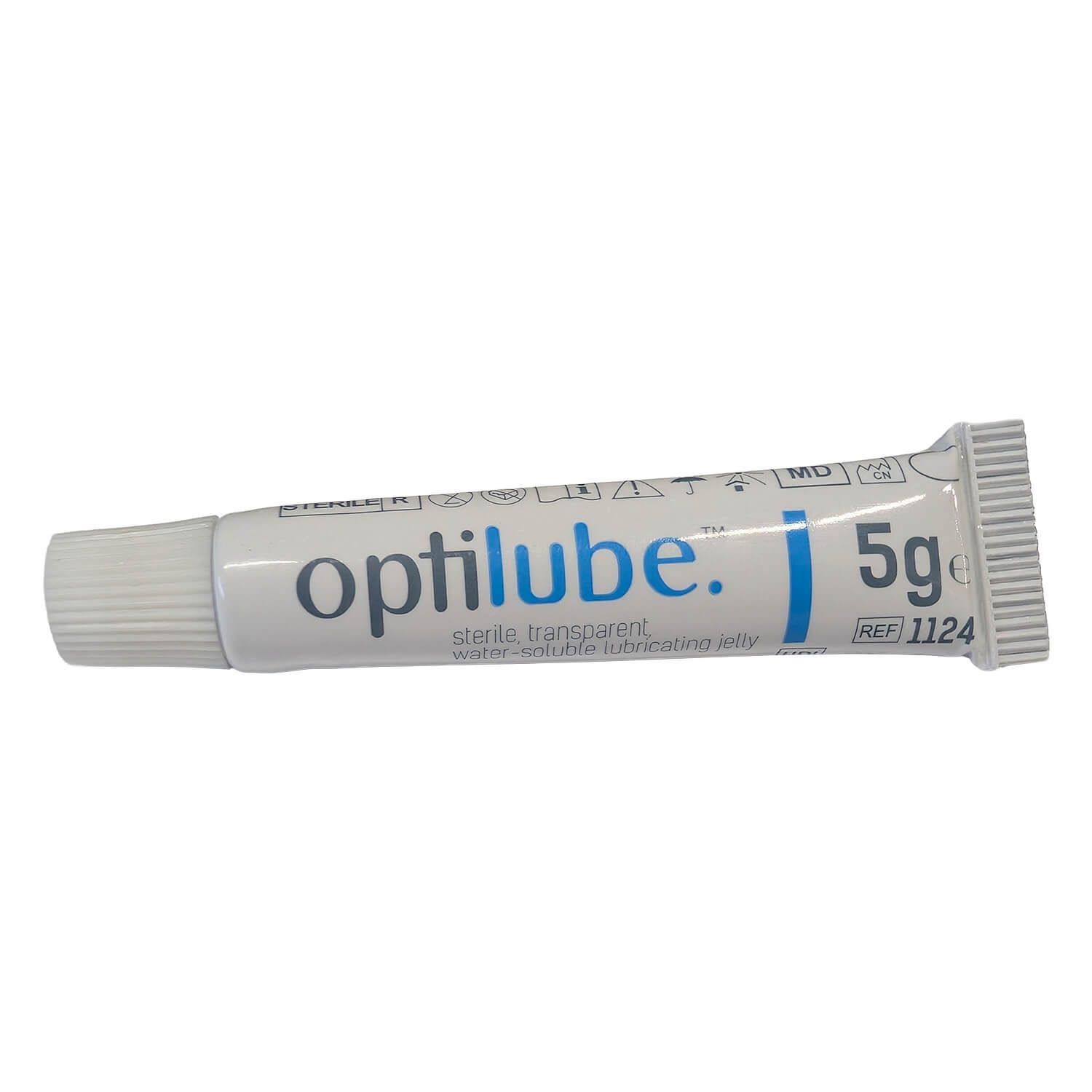 Optilube Gleitgel Tube, 5g. Sterile, transparente Formel. Wasserlöslich. Produktname und Menge deutlich sichtbar.