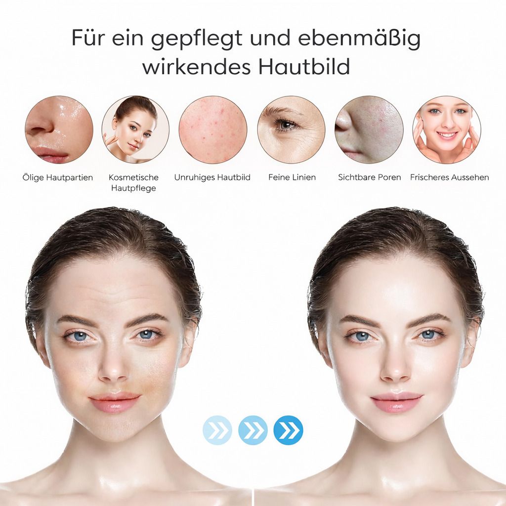 Vorher-Nachher-Vergleich. Hautbilder: ölige Haut, kosmetische Pflege, unreine Haut, feine Linien, Poren, frischeres Aussehen.