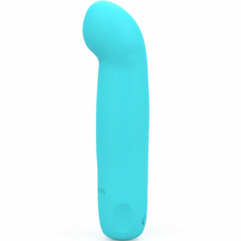 Türkisfarbener Vibrator. Gebogene Form mit abgerundeter Spitze. Marke am unteren Ende.
