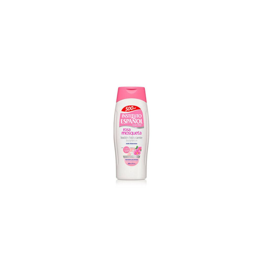 Weiße Flasche mit rosa Verschluss. Aufschrift: INSTITUTO ESPANOL, rosa mosqueta, leche hidratante, body milk. Mit floraler Grafik.