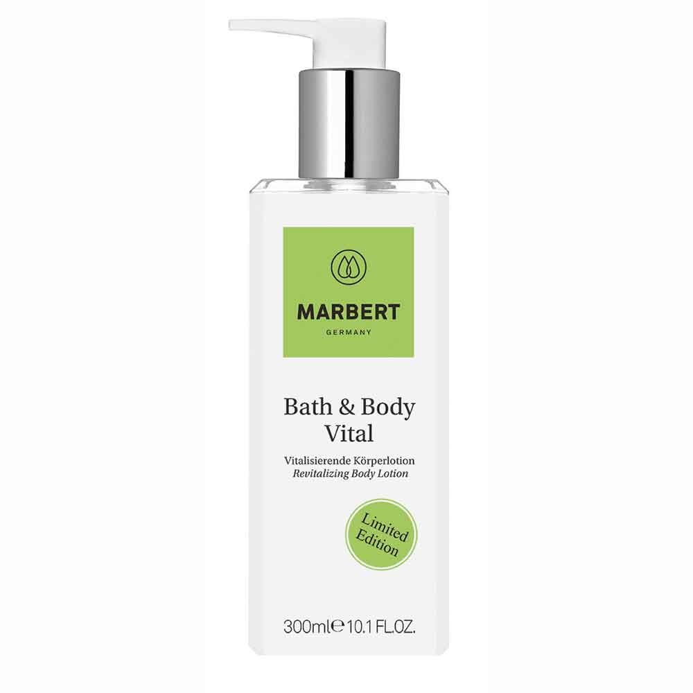 Weißer Spender mit silbernem Deckel. Aufschrift: MARBERT, Bath & Body Vital, Limited Edition. 300ml.