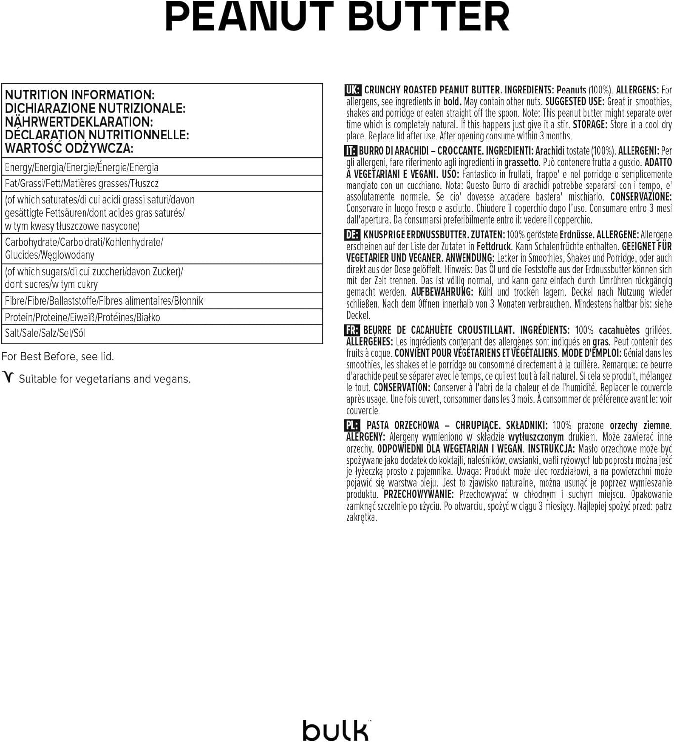 Nährwertangaben und Zutatenliste für Crunchy Erdnussbutter. Text in Deutsch, Englisch, Französisch, Italienisch, Polnisch.