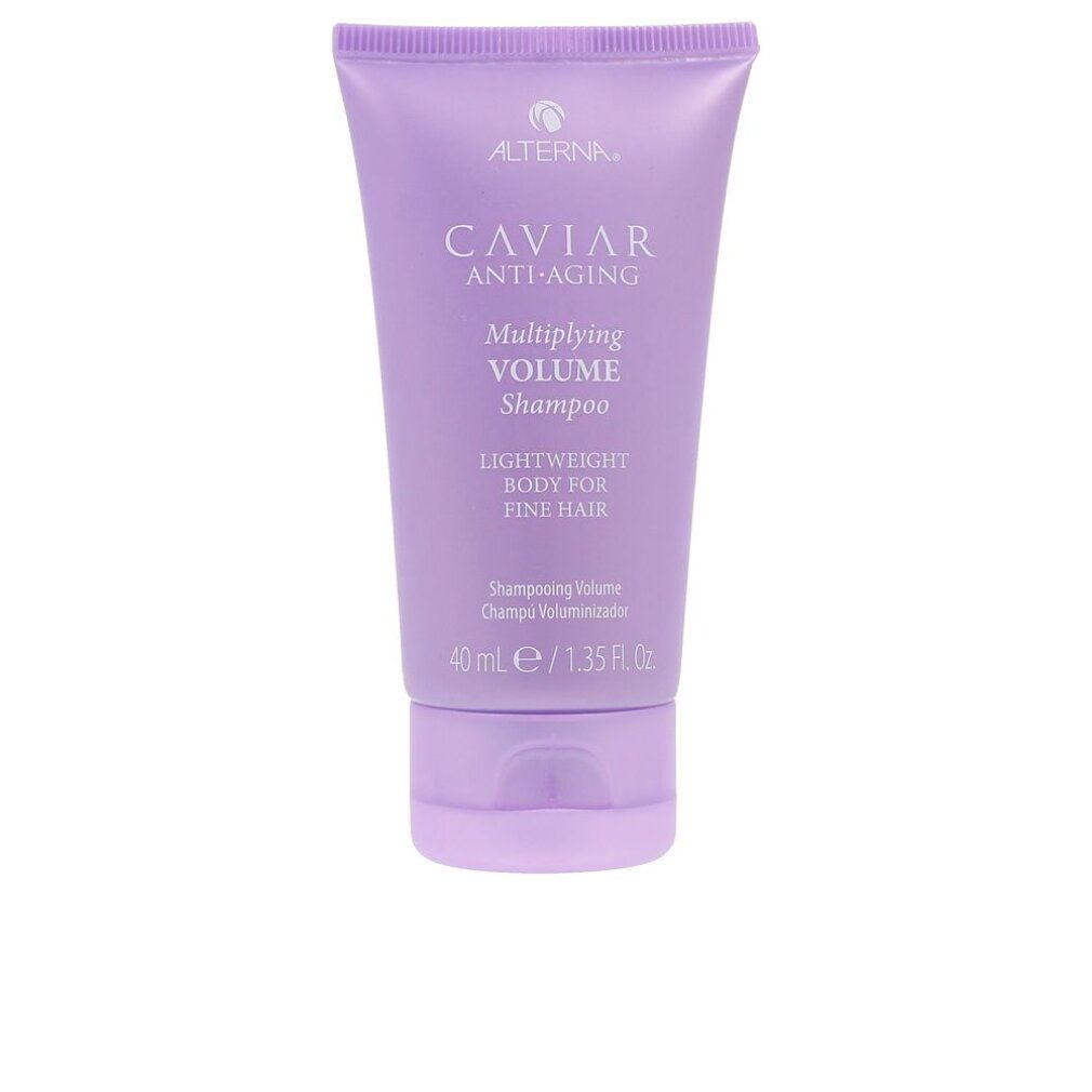 Lila Tube Alterna Caviar Shampoo. Schriftzug: Caviar Anti-Aging, Multiplying Volume Shampoo. 40 ml.