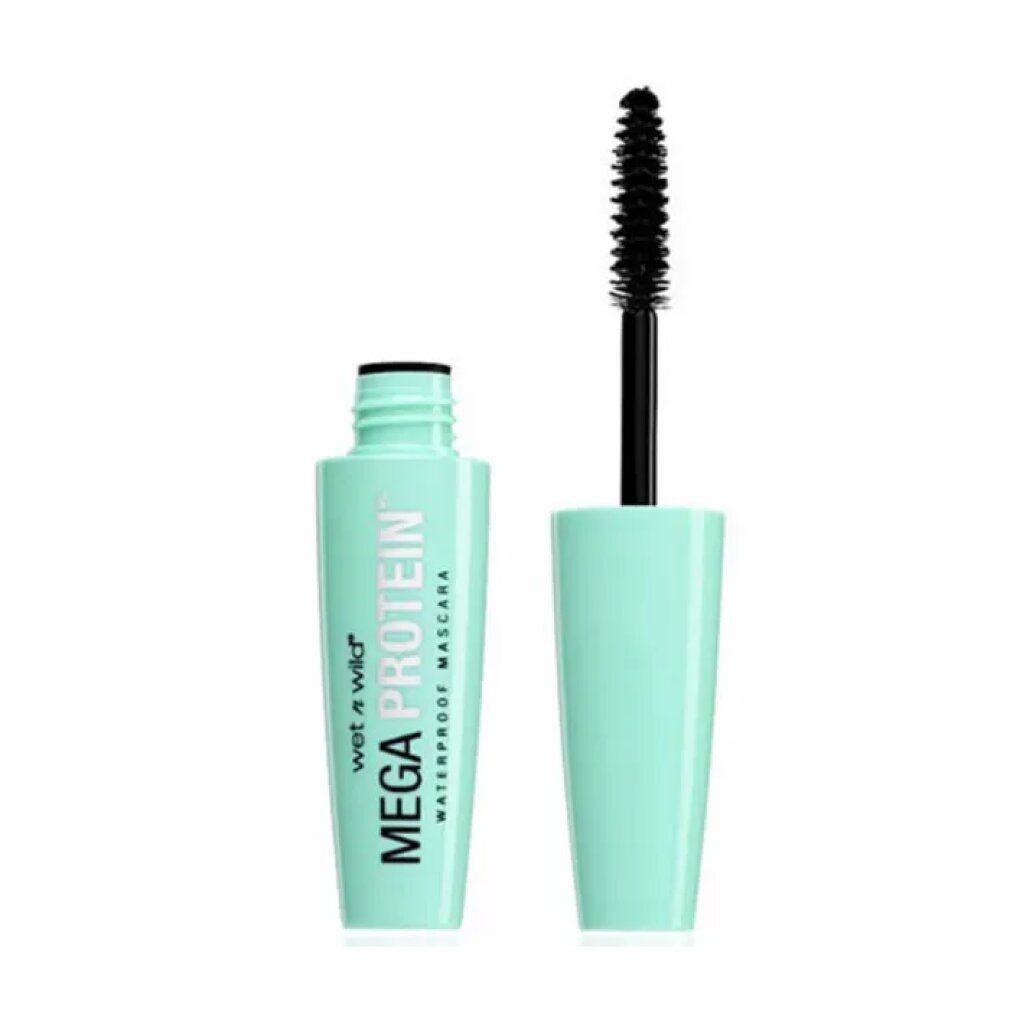 Türkisgrüne Mascarabürste mit schwarzer Bürste. Aufschrift: Wet n Wild Mega Protein Waterproof Mascara.