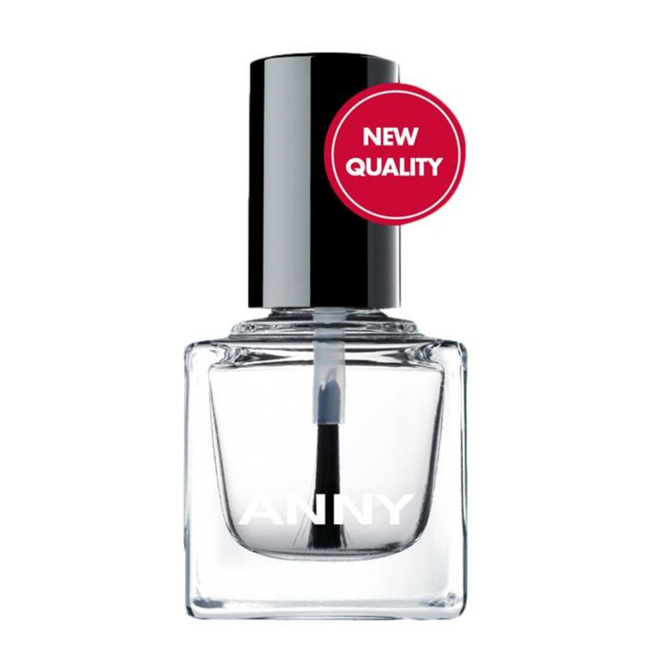 Klare Nagelhärter-Flasche mit schwarzem Verschluss und Pinsel. Roter Aufkleber mit "NEW QUALITY". Der Markenname "ANNY" ist auf der Flasche sichtbar.