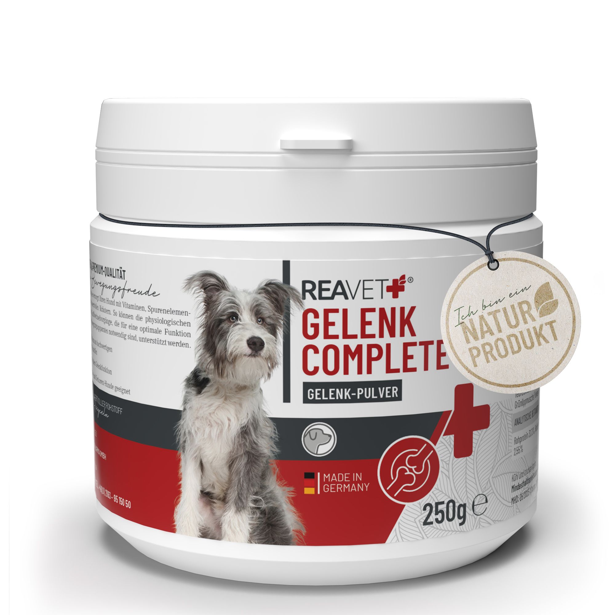 Weiße Dose mit Deckel, Produktname Gelenk Complete, Hundefoto, Naturprodukt-Siegel, 250g.