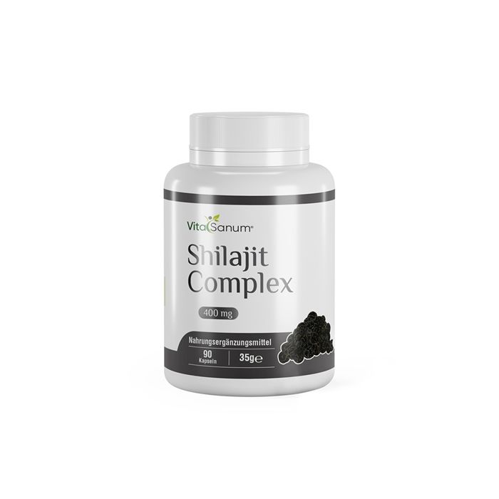 Weiße Flasche mit schwarzem Etikett. Aufschrift: VitaSanum Shilajit Complex 400 mg. 90 Kapseln, 35g.