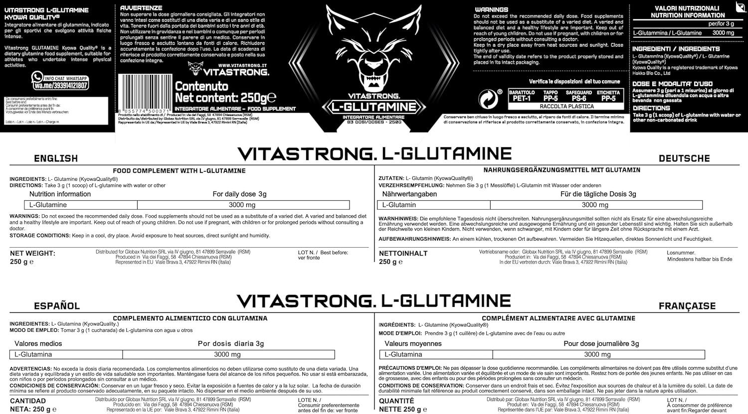 Etikett Vitastrong L-Glutamin mit Informationen in Englisch, Deutsch, Spanisch und Französisch. Inhalt: 250g.