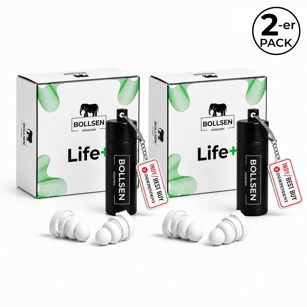 Zwei Packungen Life+ BOLLSEN Gehörschutz mit je zwei Ohrstöpseln und schwarzem Etui.