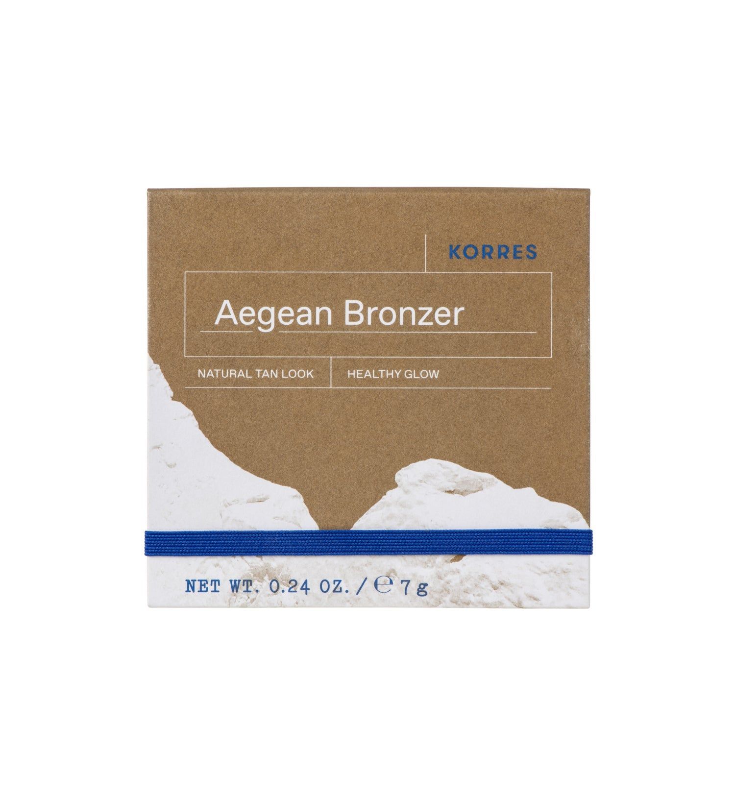 KORRES Aegean Bronzer in Verpackung. Braune Kartonage mit Produktnamen und blauer Gummiband. Text: Natural Tan Look, Healthy Glow.