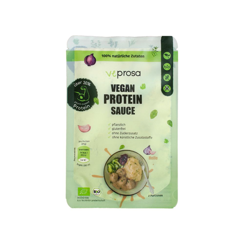 Verpackung VEPROSA Bio-Saucenpulver. Aufschrift: Vegan Protein Sauce, über 30% Protein. Bio-Siegel. Abbildung von Gericht.