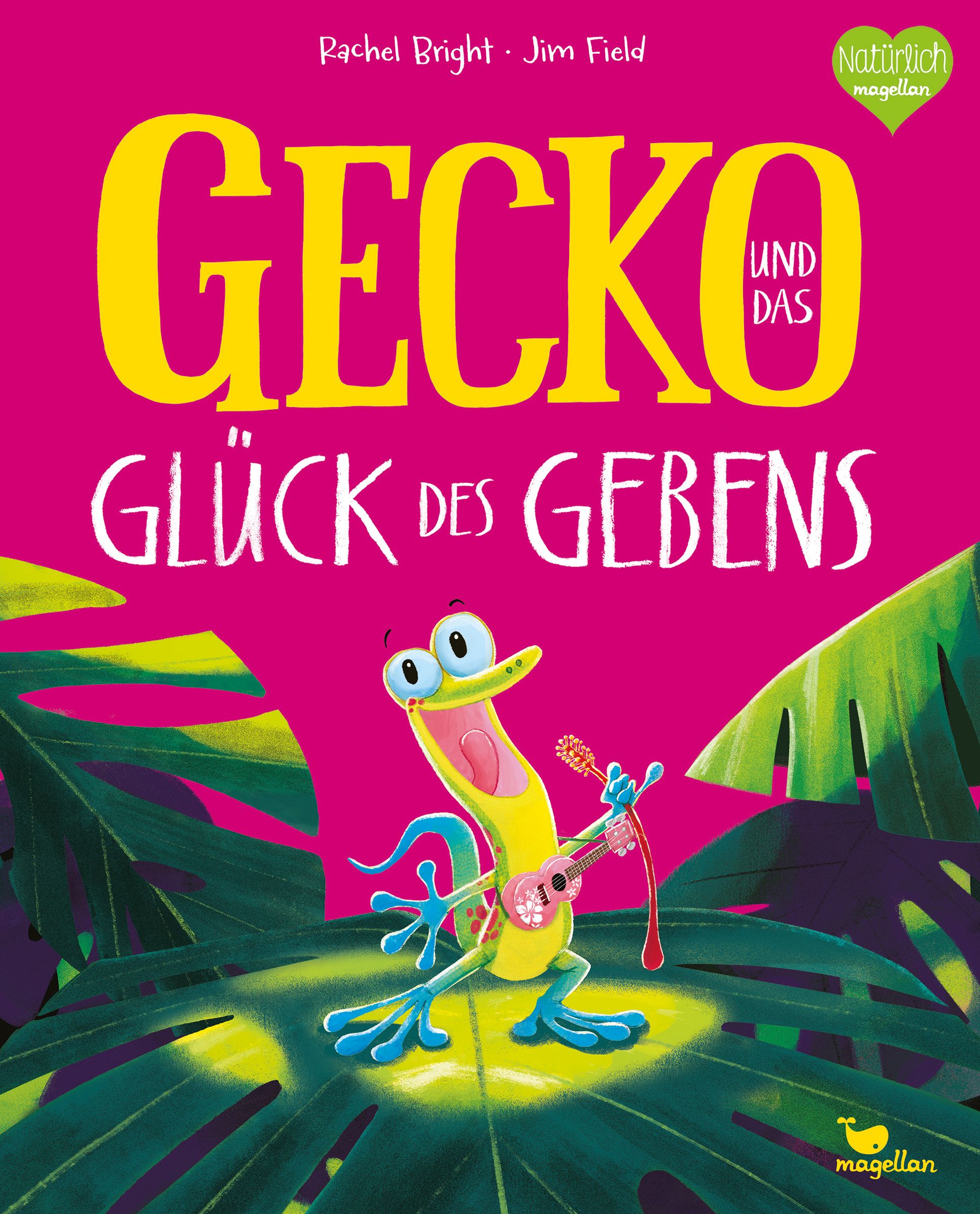 Buchcover mit Titel "Gecko und das Glück des Gebens". Ein Gecko spielt Ukulele, umgeben von Blättern. Pinker Hintergrund.