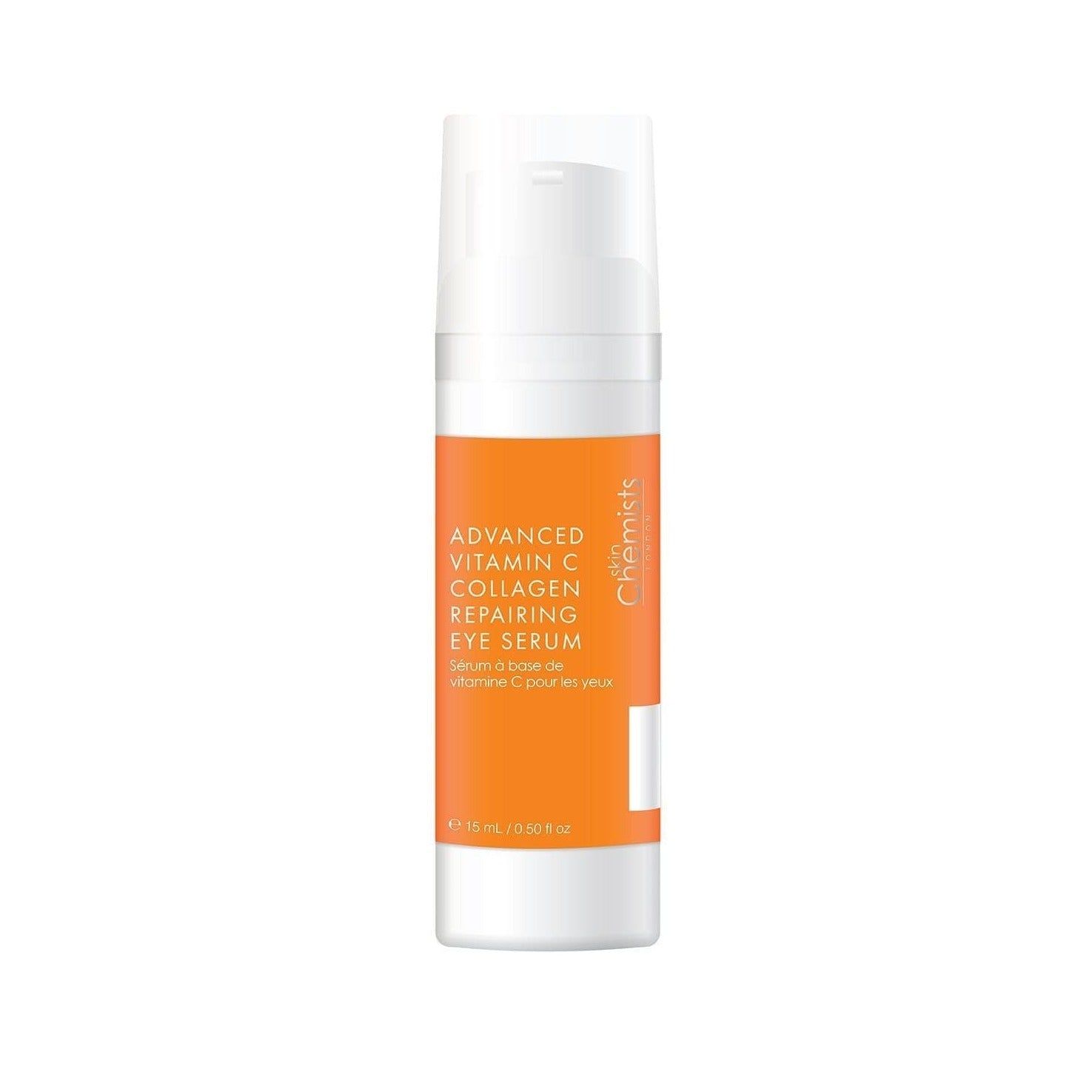 Weißer Flakon mit orangefarbener Beschriftung. Aufschrift: Advanced Vitamin C Collagen Repairing Eye Serum. Marke SkinChemists.