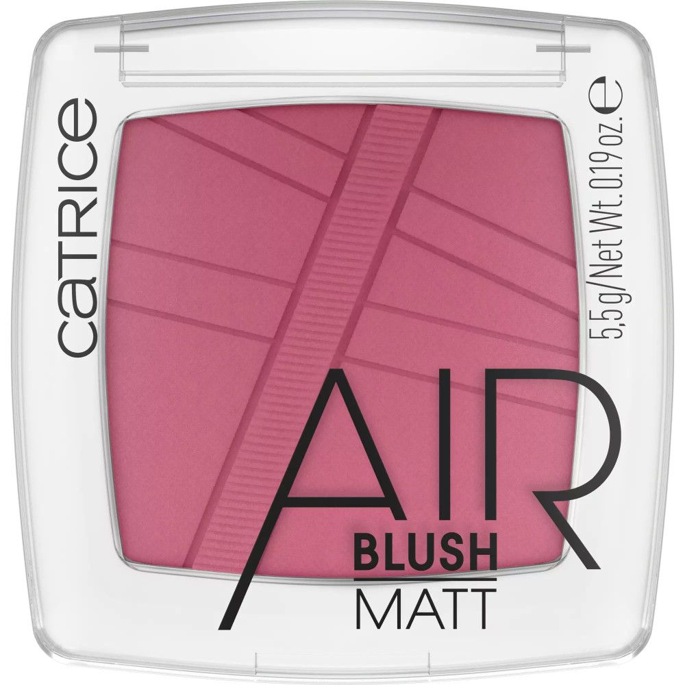 Catrice AirBlush Matte Puder in quadratischer, transparenter Verpackung. Rosa Puder mit diagonalen Linien. Marke und Produktname sichtbar.