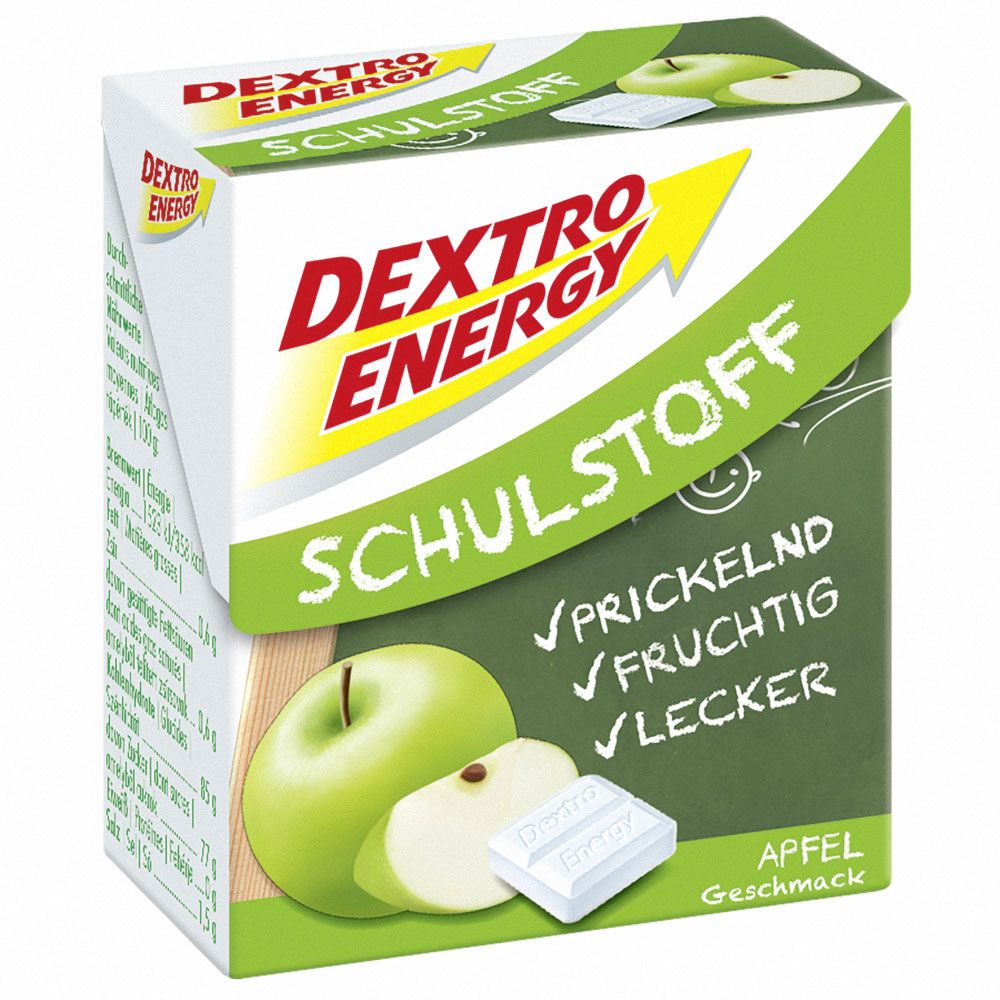 Verpackung von Dextro Energy Schulstoff Apfel. Grün-weißes Design mit Apfel-Illustrationen und Produktnamen. Enthält Tabletten.
