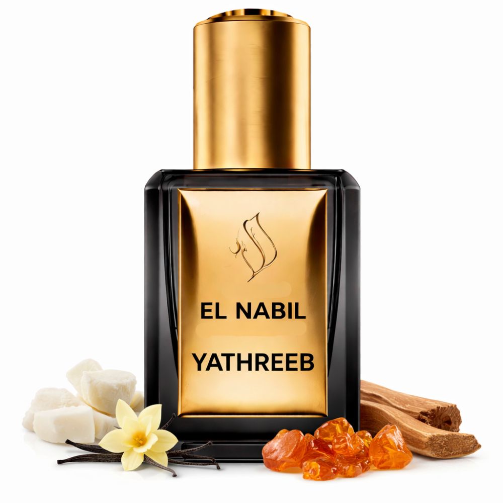 Schwarze Flasche mit goldener Kappe. Goldene Front mit Logo und Schriftzug: El Nabil Yathreeb. Daneben Blüten, Holz und Harz.