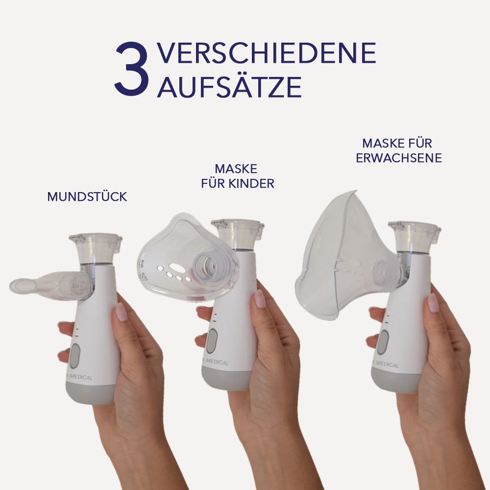 Drei Inhalationsgeräte mit verschiedenen Aufsätzen: Mundstück, Kindermaske, Erwachsenenmaske. IEA MEDICAL.