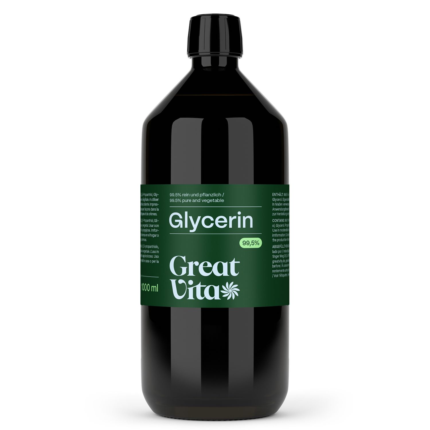 Schwarze Flasche mit grünem Etikett. Aufschrift: Glycerin 99,5% Great Vita. 1000 ml.