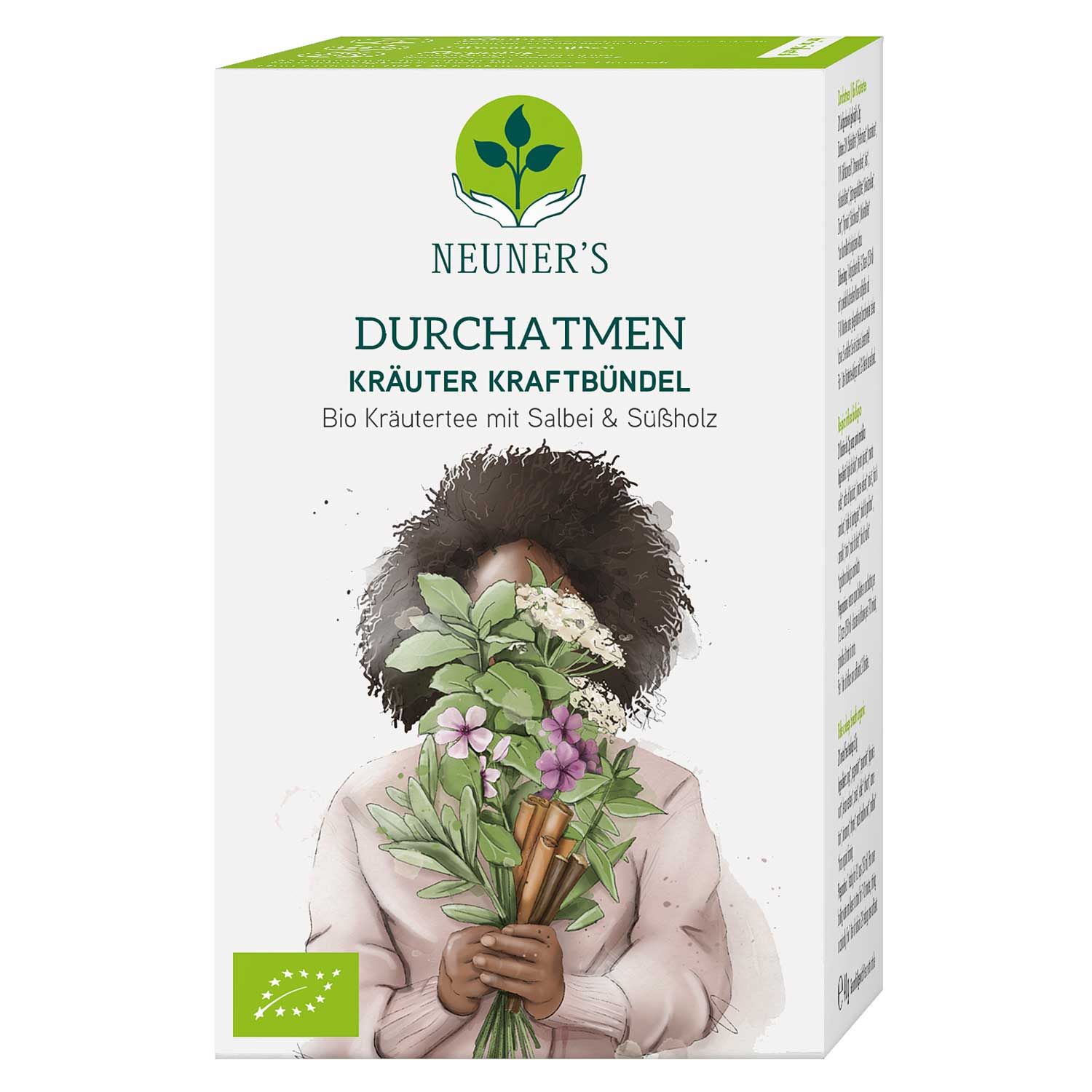 Kräutertee-Verpackung. Aufdruck: Neuner's, Durchatmen Kräuter Kraftbündel. Bio Kräutertee mit Salbei & Süßholz. Person mit Blumenstrauß.