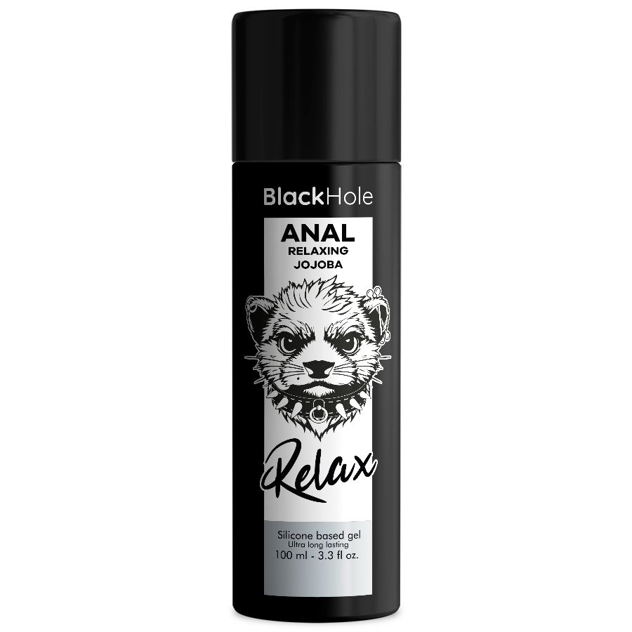 Schwarze Flasche mit BlackHole Anal Relaxing Jojoba Gel. Enthält 100 ml.