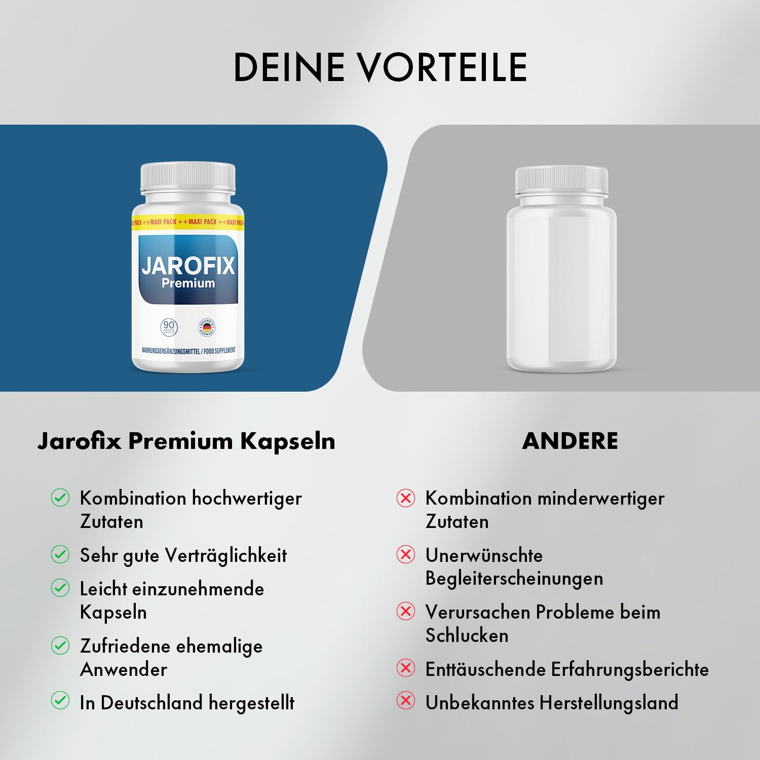 Vergleich Jarofix Premium Kapseln mit anderen. Links: Vorteile wie hochwertige Zutaten. Rechts: Nachteile.