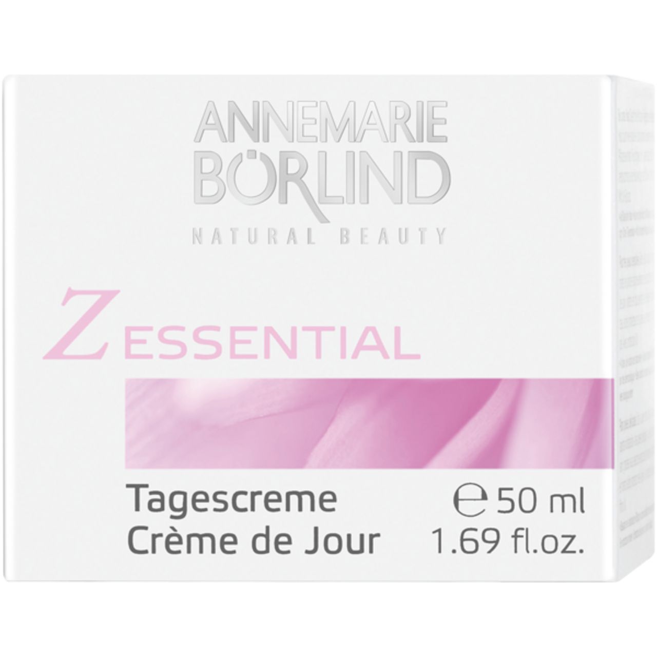 Weiße Verpackung für Z Essential Tagescreme. Schriftzug: ANNEMARIE BÖRLIND, Z ESSENTIAL, Tagescreme, Day Cream, Crème de Jour, 50 ml.