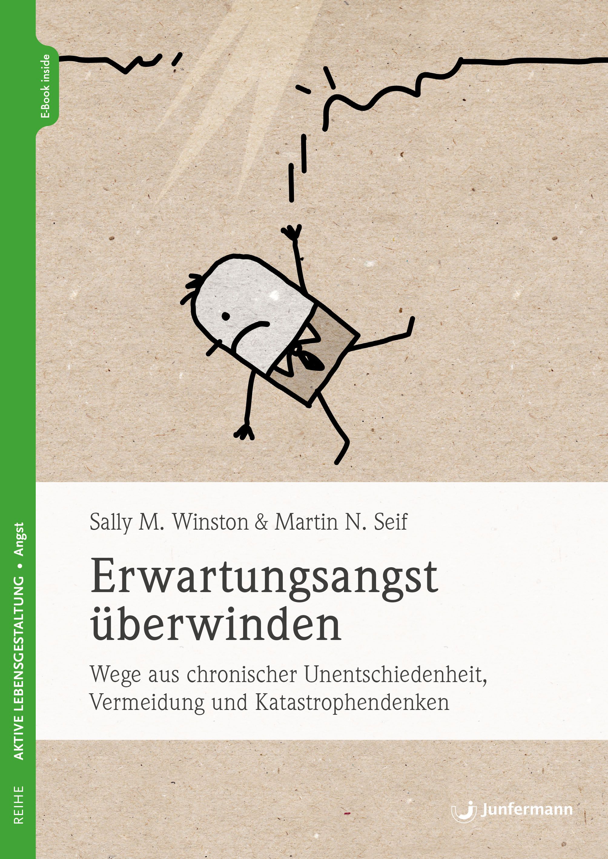 Buchcover: Titel 'Erwartungsangst überwinden'. Autoren: Sally M. Winston & Martin N. Seif. Illustration: Person fällt.
