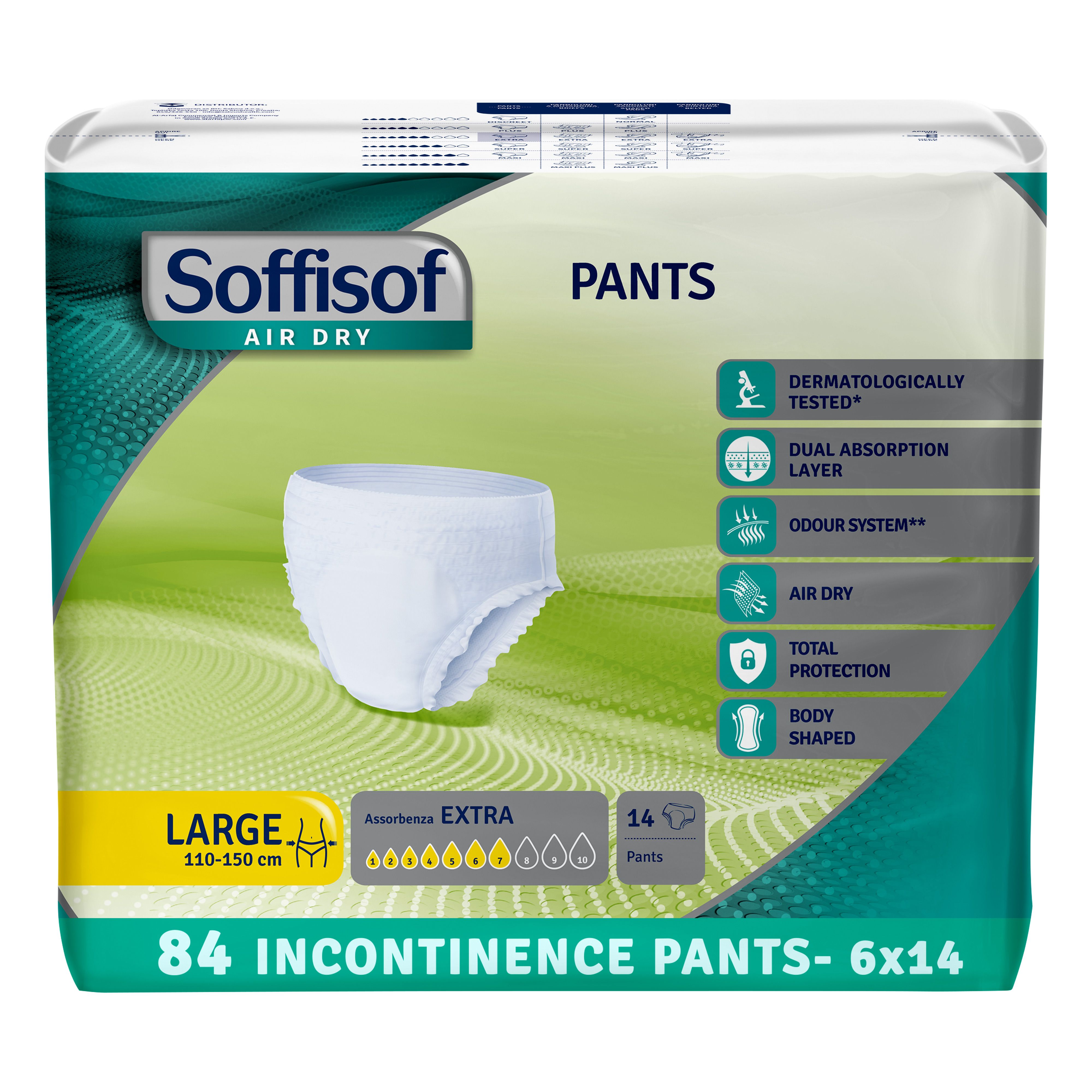 Soffisof Pants Extra incontinentiebroekjes. Witte broekjes, maat L, 110-150 cm. 14 stuks. Verpakking met kenmerken.